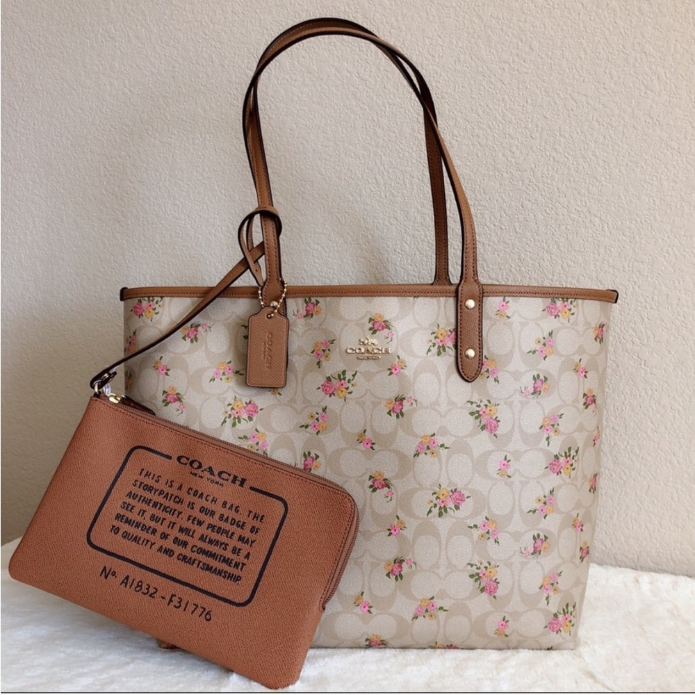 Coach Floral Print Tote with Tan Accents